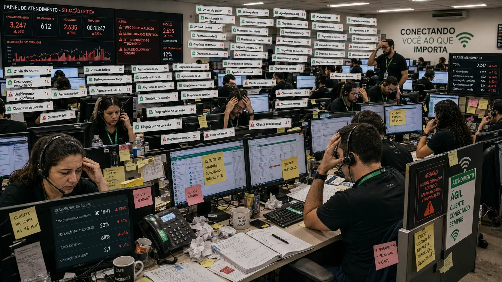 Equipe de atendimento de um provedor sobrecarregada com tarefas repetitivas e filas de atendimento
